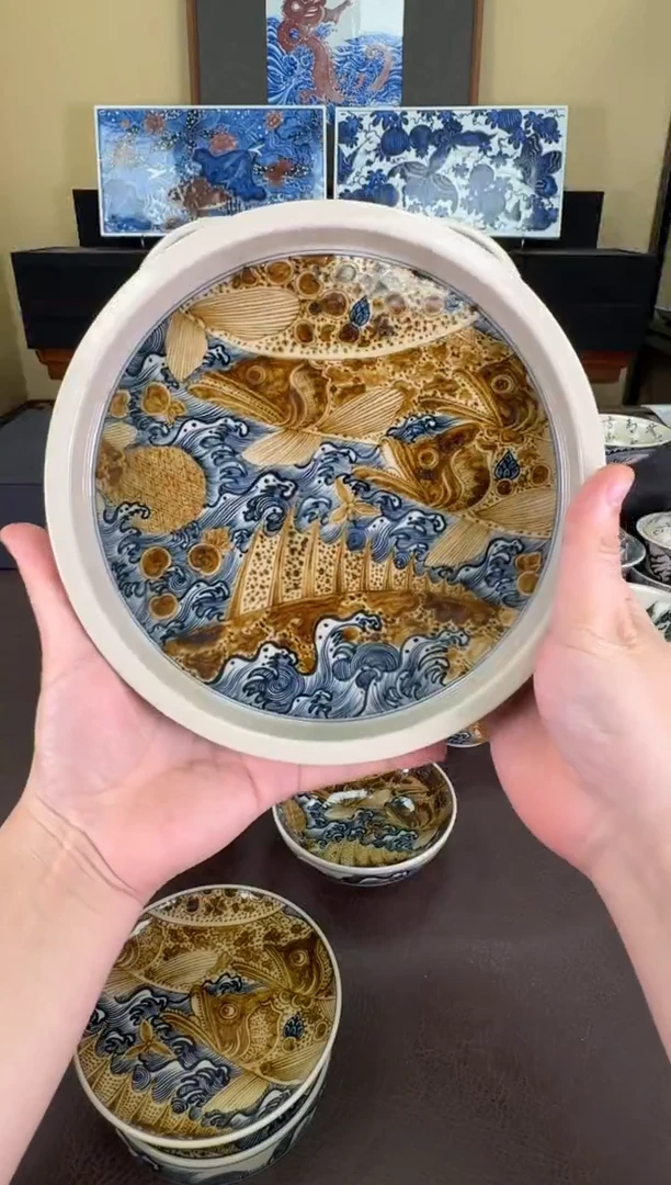 【闪购商品】瓷片二号釉海浪鳜鱼纹壶承