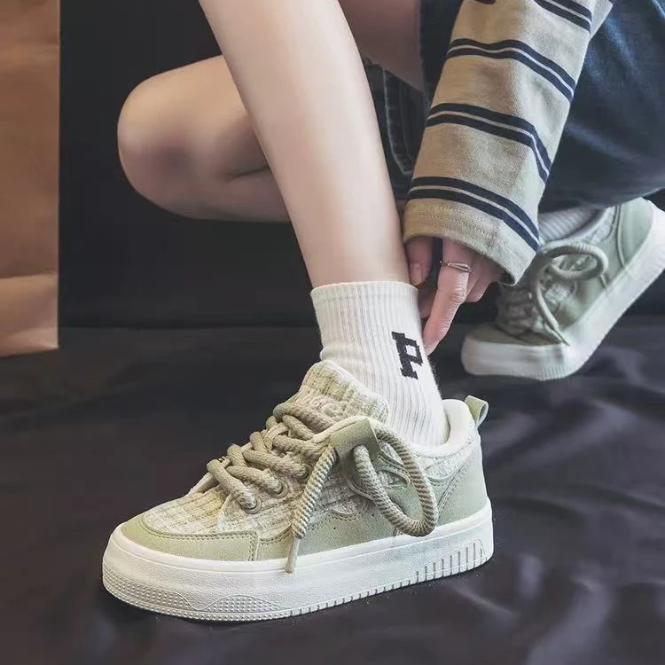 H1319 绿色 小香风休闲鞋女2025新款春夏透气厚底百搭运动鞋子女