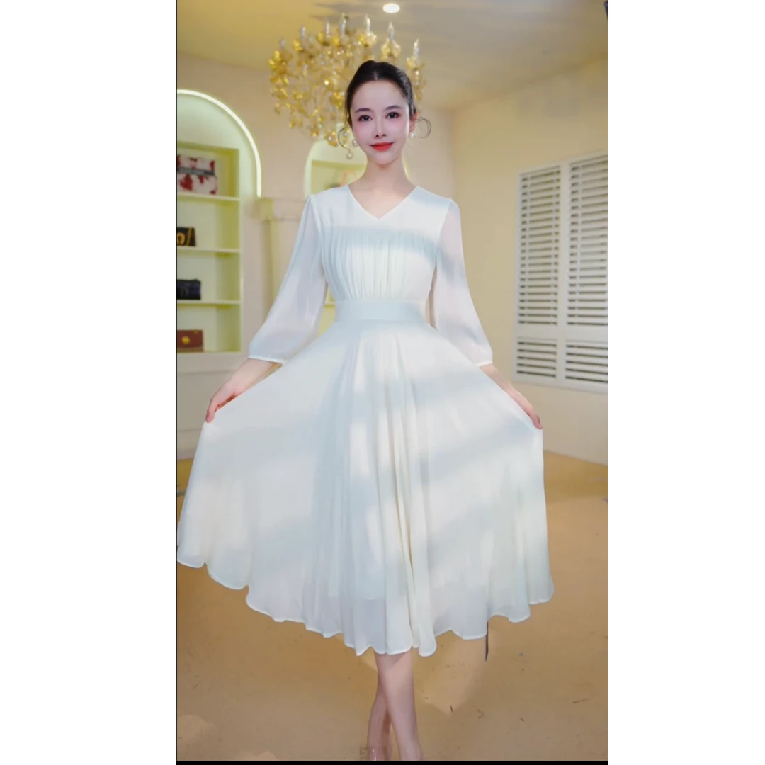 纯色V领九分袖连衣裙女2025秋季收腰显瘦中长款a字裙子Y548089