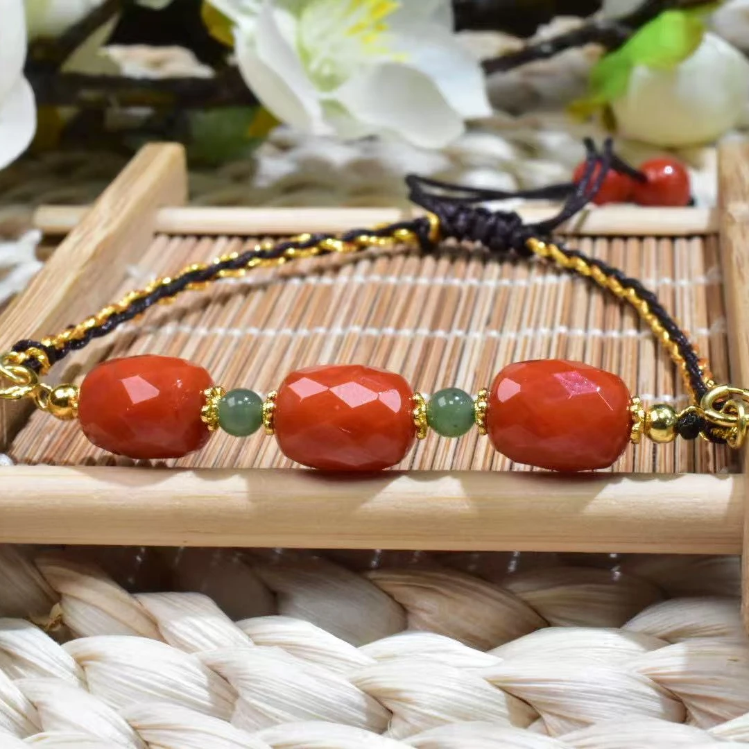 SJ【一九珠宝】S925银南红无相切面桶珠手绳-卡10mm  YJ2825