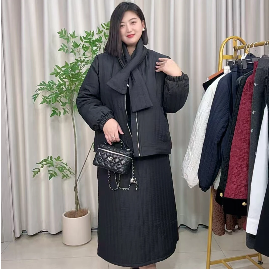 【木会】韩国东大门设计款显瘦三件套肌理感围巾棉服外套半身裙套装