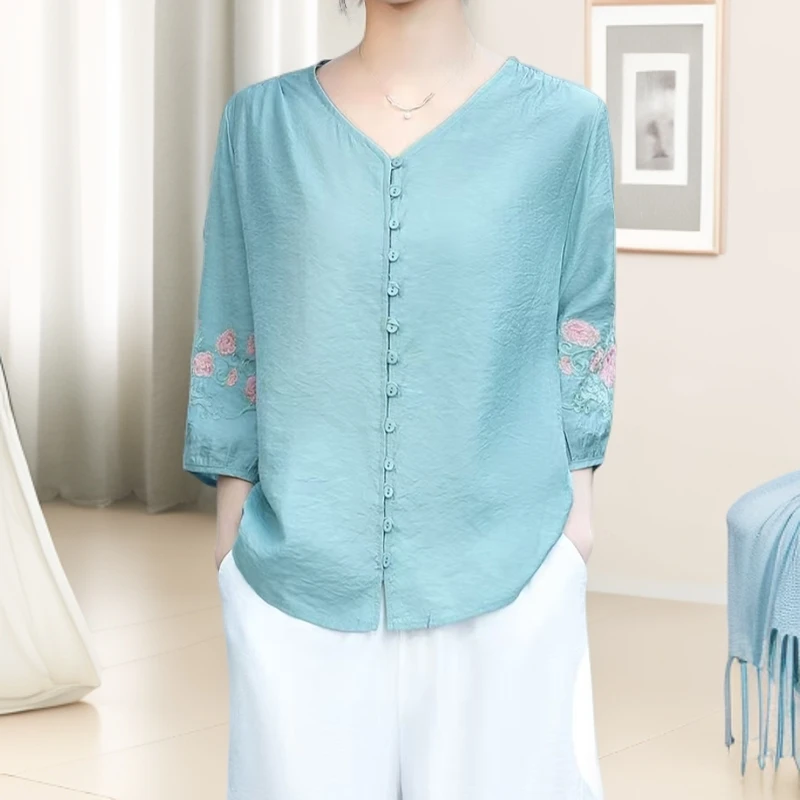 【小妹轻奢女装】2025刺绣休闲风薄款夏季五分袖衬衫七分袖女装608
