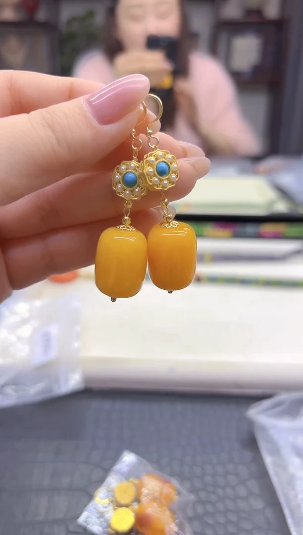 蜜蜡14K金镶嵌耳饰DIY款E621