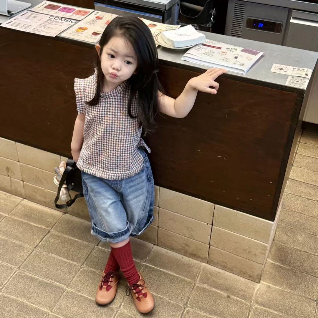 壹妈童装女童时髦套装夏季新款洋气女宝复古格子上衣牛仔阔腿裤