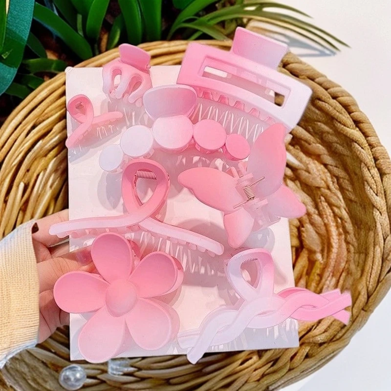 网红渐变粉8件套大号抓夹鲨鱼夹交叉夹方形夹女彩色高马尾抓夹