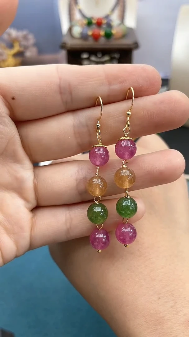 碧玺耳饰14K金镶嵌8mm耳钩*202