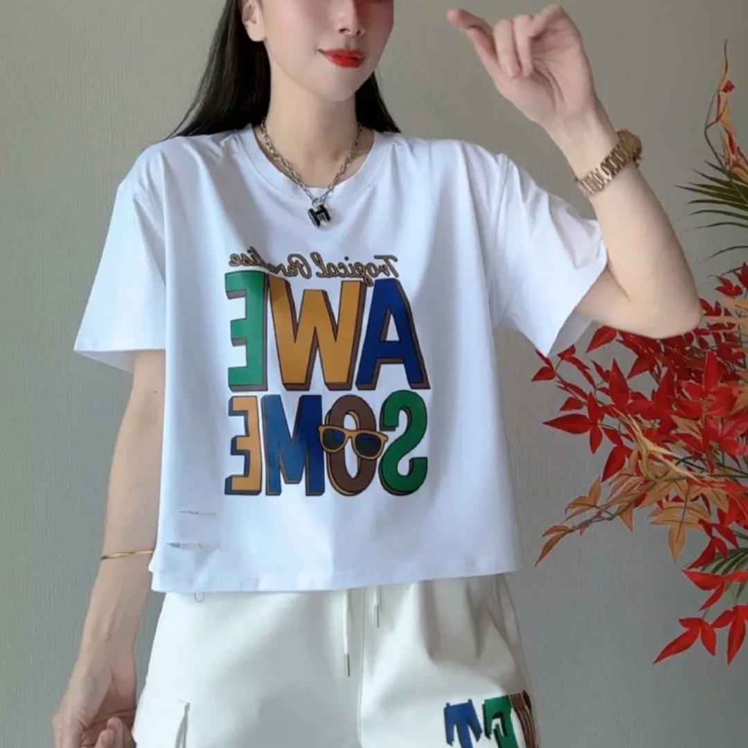 夏季新款时尚洋气圆领短袖T恤字母印花宽松显瘦减龄休闲百搭上衣