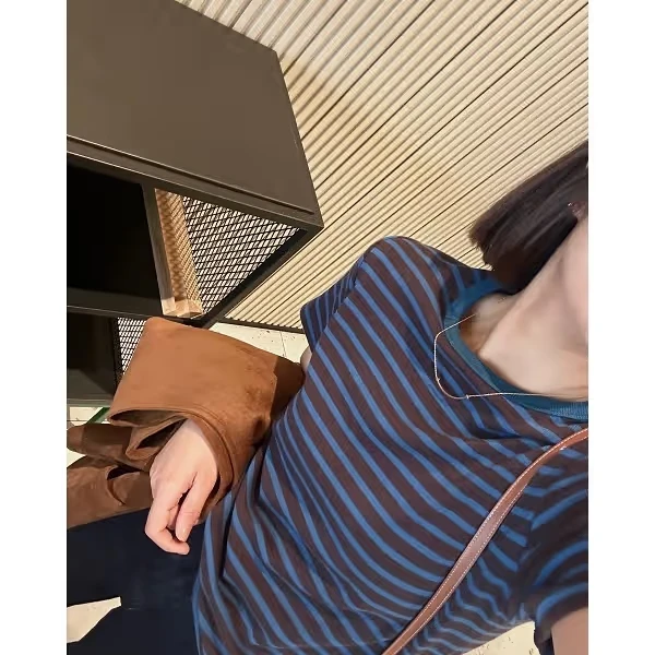 韩ins撞色条纹对条磨毛正肩显瘦百搭短袖T恤