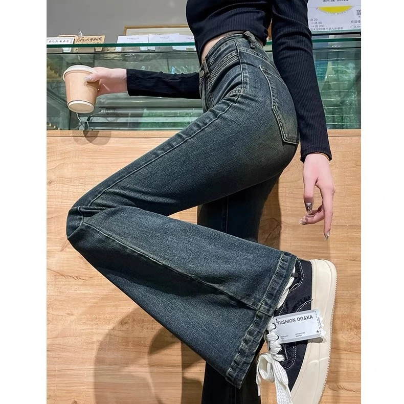 水泥灰微喇牛仔裤女高腰2025秋季新款弹力加绒加厚拖地喇叭裤