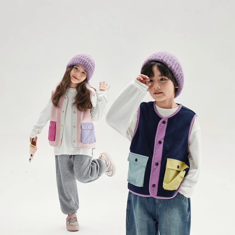高端韩国童装儿童马甲秋冬2025洋气男女童拼接撞色背心羊羔绒坎肩