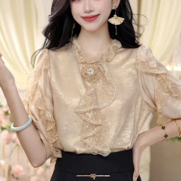 【孤品！现货清！】时尚高端轻奢蕾丝衬衫设计感洋气上衣OHSHH03162
