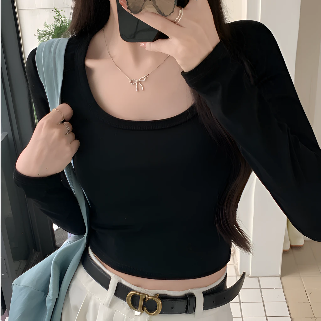 秋季上衣女新款韩系修身U领内搭打底衫T恤短款长袖别致紧身体恤衫