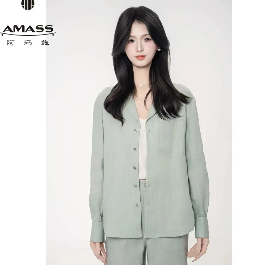 AMASS/阿玛施早春新款亚麻单排扣轻职风宽松翻领长袖衬衫女530065