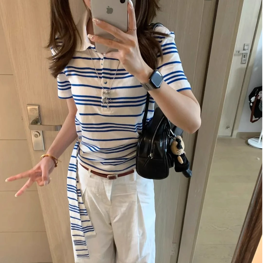 复古miu系撞色polo领条纹飘带针织短袖t恤女夏季设计感百搭小上衣