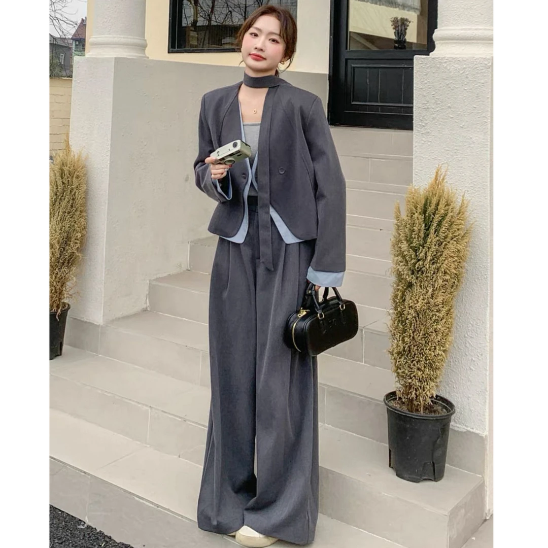 【雨雨定制】25-早春新款高级设计款时尚飘带西服＋阔腿裤套装两件套