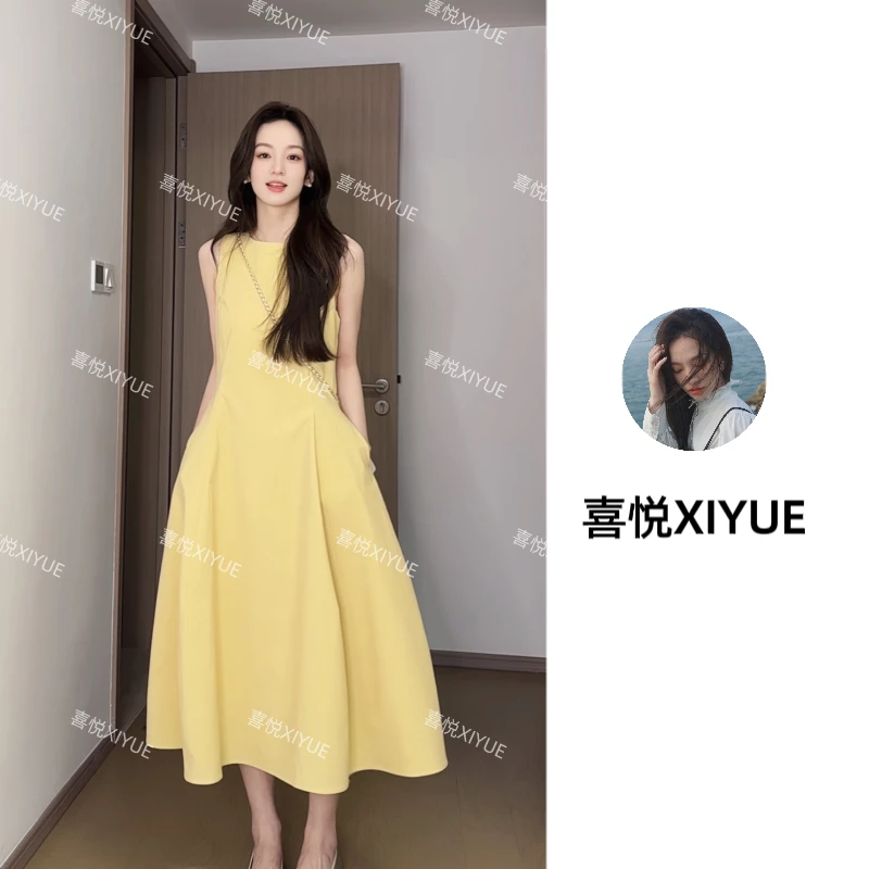 2025夏季新款黄色连衣裙女中长款气质温柔风无袖收腰显瘦背心裙子