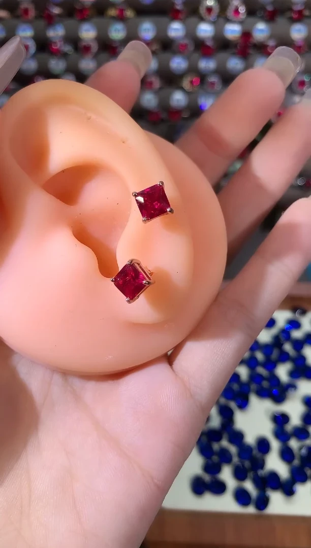 银S925镶嵌耳饰红宝石6玫瑰金