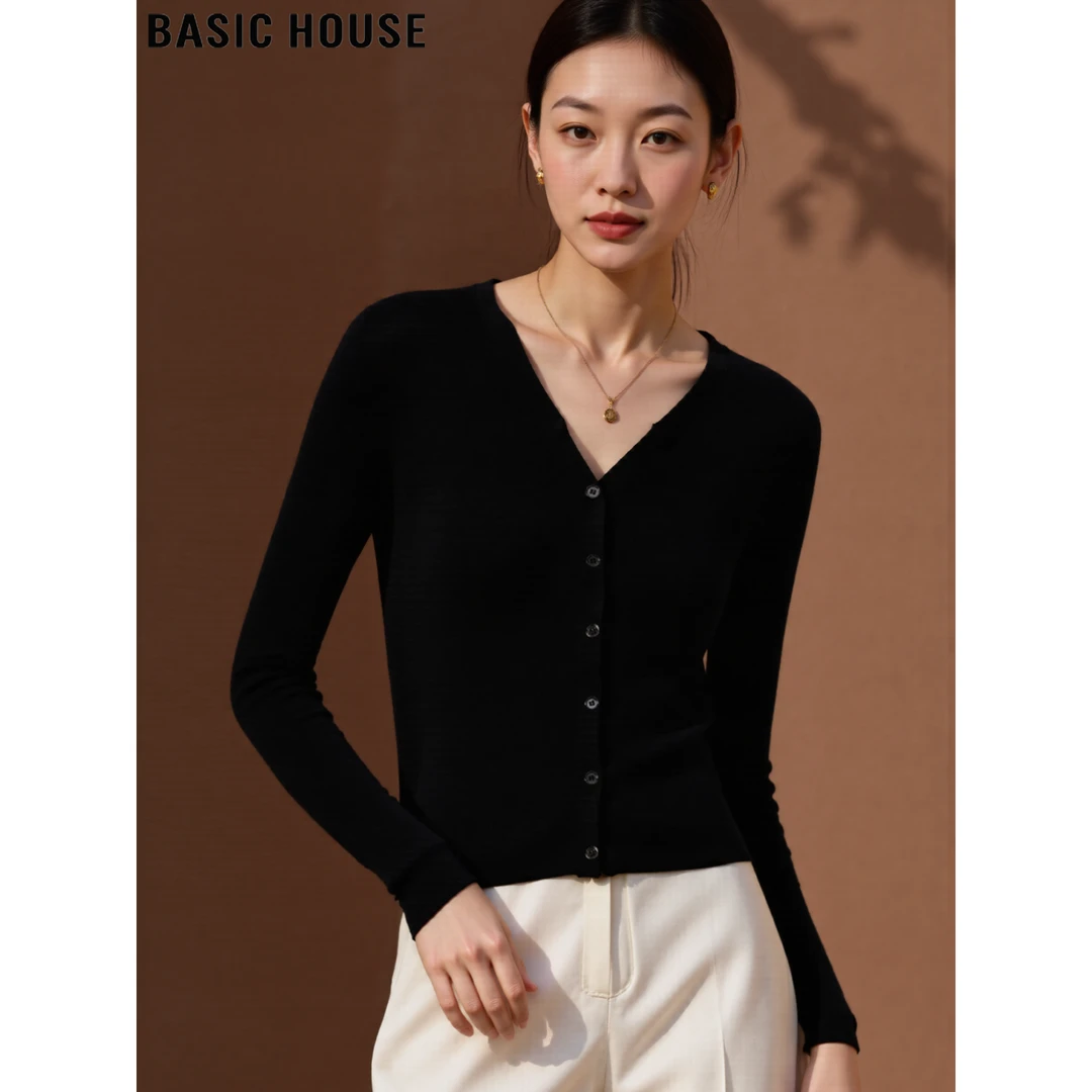 Basic House/百家好黑色V领长袖针织开衫女2025秋冬含桑蚕丝打底