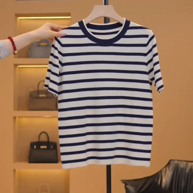 【越越】条纹撞色t恤短袖女小个子桑蚕丝~羊毛针织打底内搭上衣显瘦