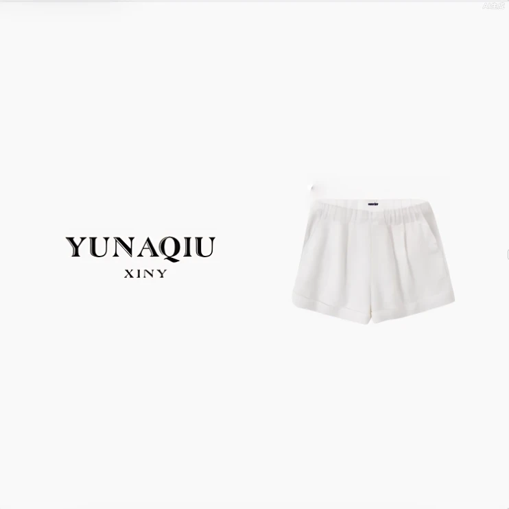 YUNAQIU 系带纯白褶皱阔腿亚麻短裤-9428