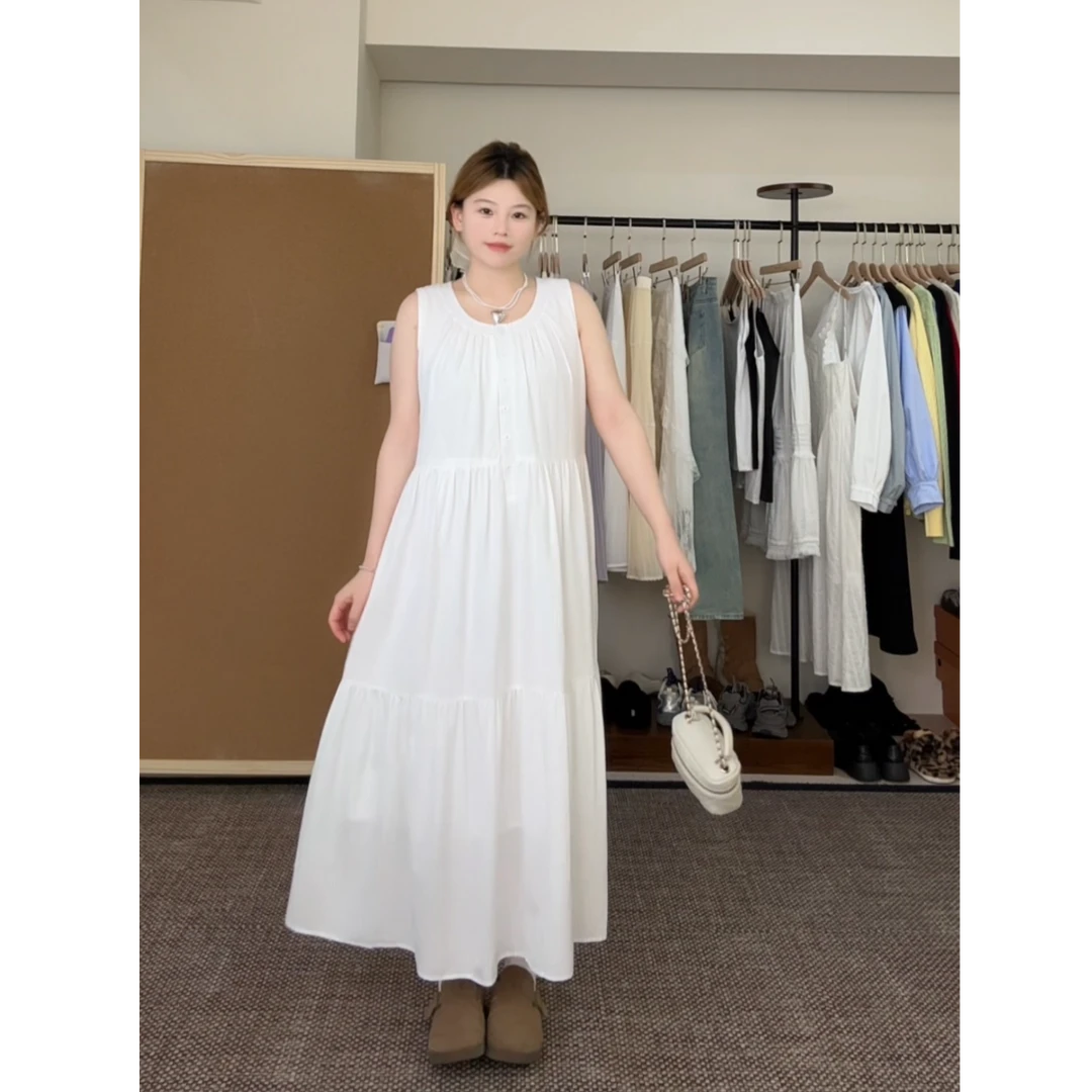 2025新款白色无袖背心连衣裙子度假绝美长裙加宽大码7090