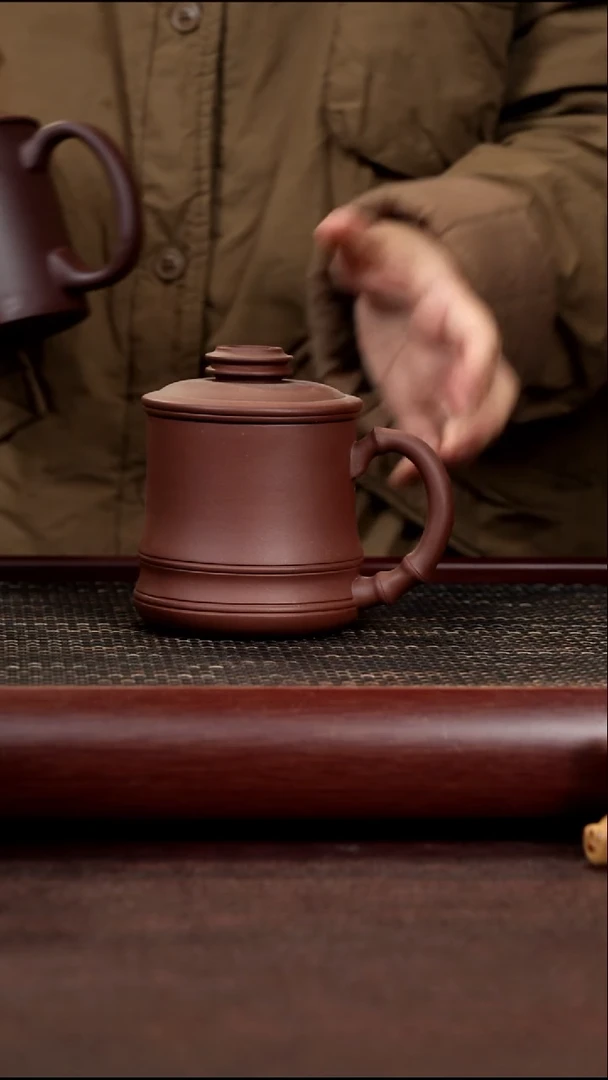 茶杯紫砂尾单光素竹节三件套420CC无礼盒