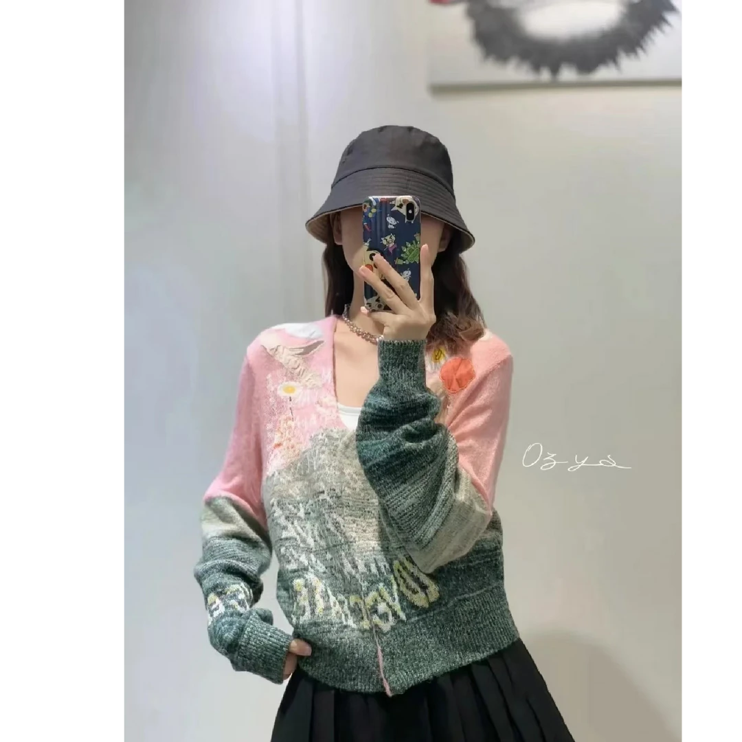 6799刘雯同款重工刺绣提花宽松领粉色马海毛针织开衫女