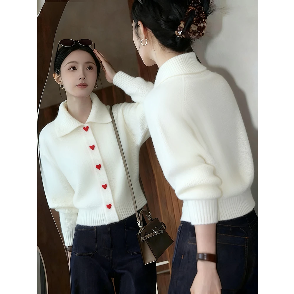 韩版时尚温柔风爱心纽扣针织衫女2025秋季新款慵懒风百搭显瘦外套