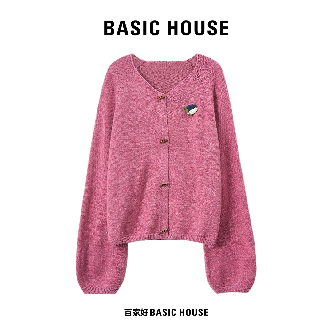 Basic House/百家好2025秋收袖牛角扣小香风设计感毛衣T042 YY