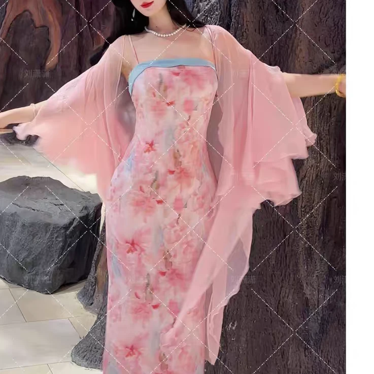 兰陵夫人原创自制改良夏季中式国风连衣裙显瘦 粉蓝妲己新款