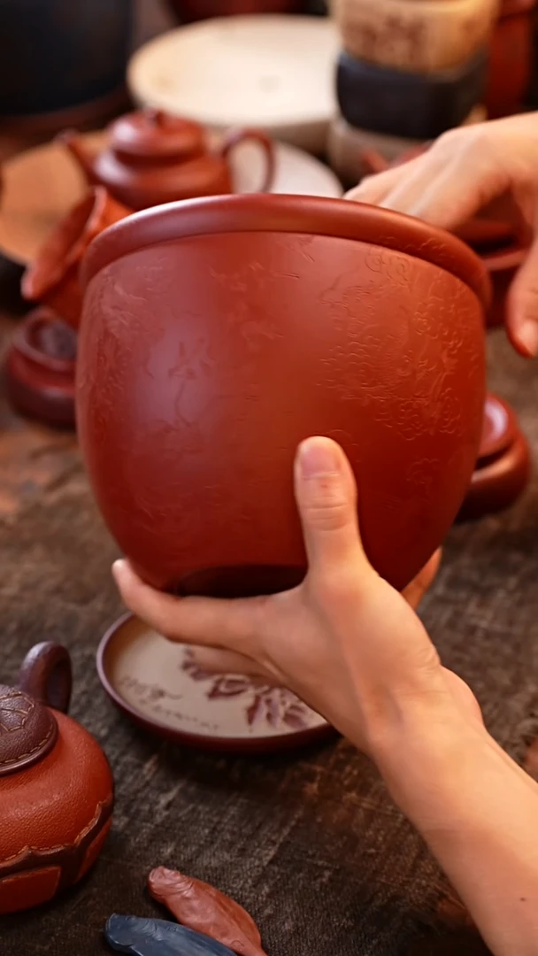 紫砂无九龙宝缸建水摆件朱泥
