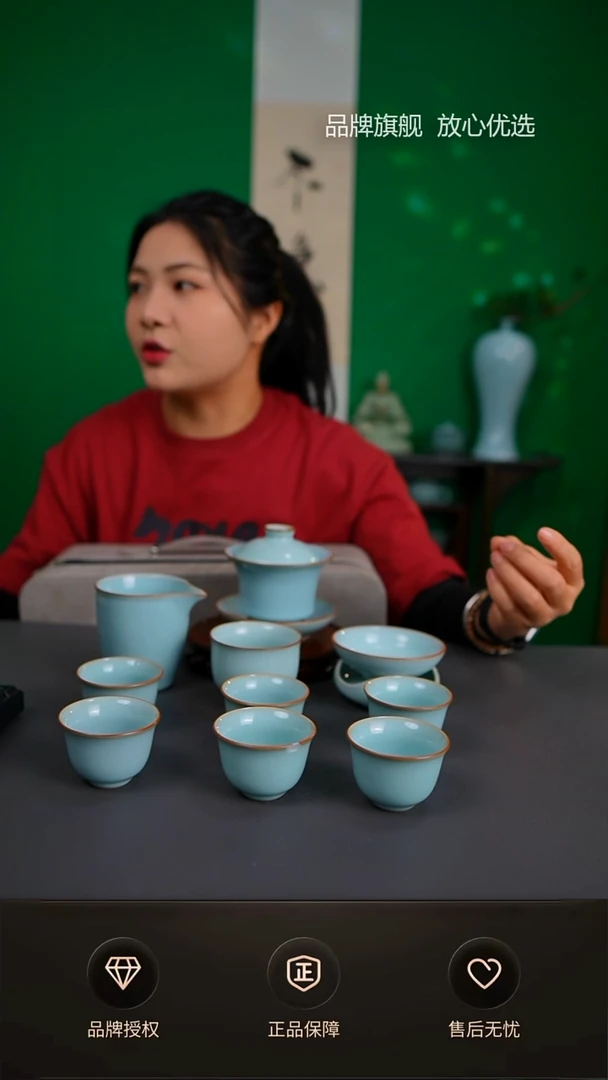 【闪购商品】杯一级天青高马蹄盖碗套装