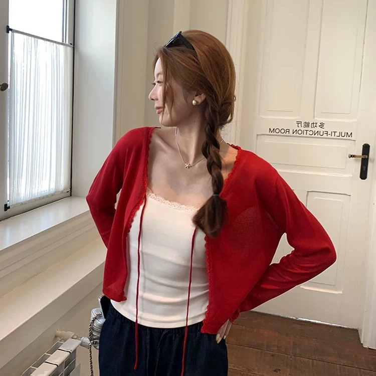 韩系安克拉红针织开衫女短款蕾丝系带设计感夏季薄款防晒#8922