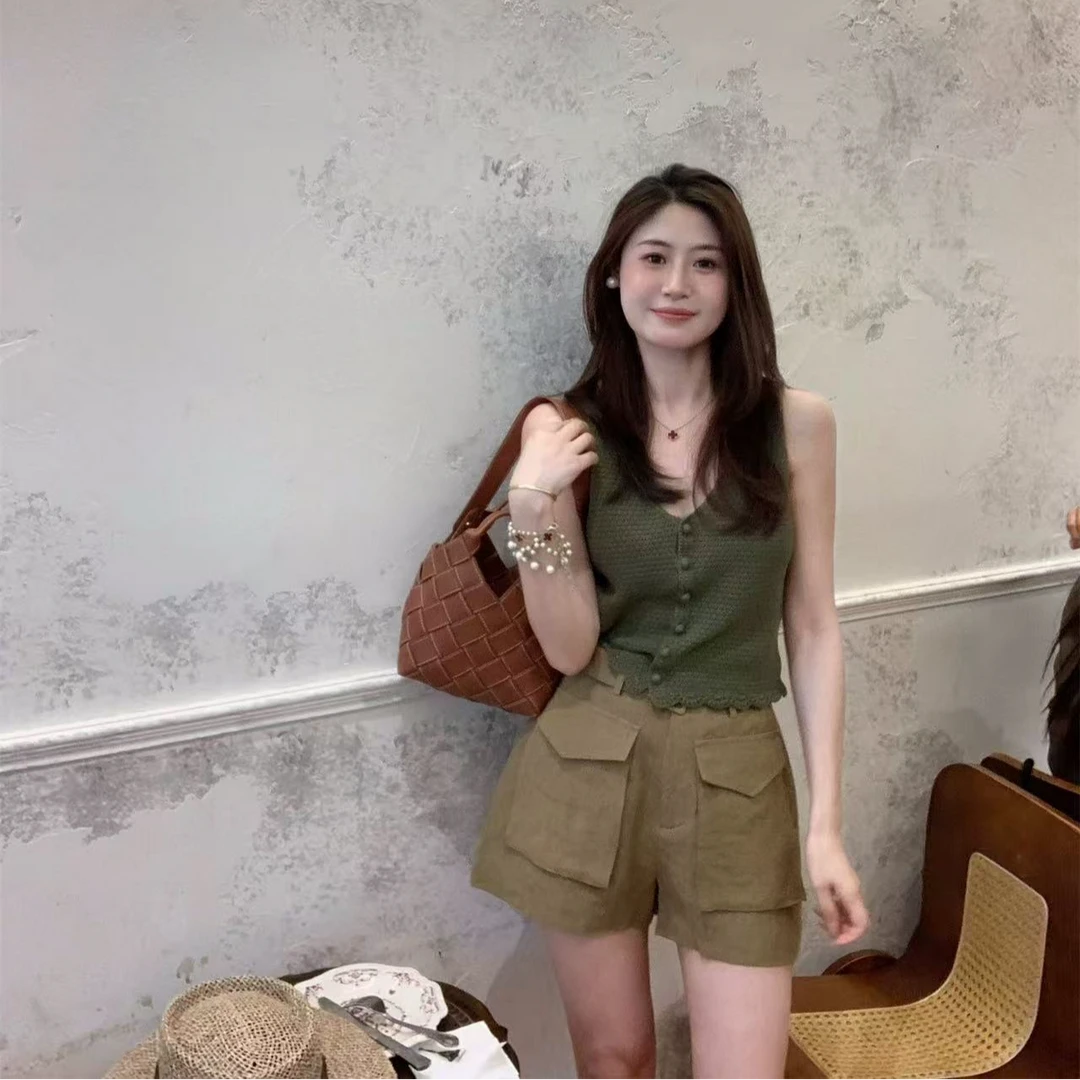 2025春夏新款韩系钩花马甲上衣工装翻盖口袋腰带直筒休闲短裤套装