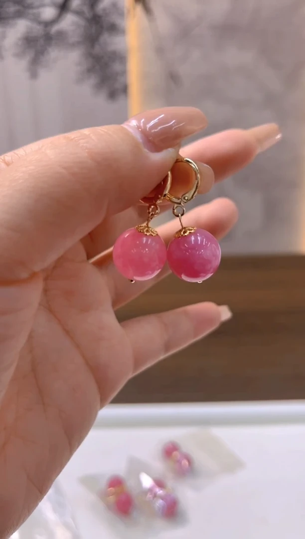 14K金镶嵌菱锰矿（红纹石）耳饰E797