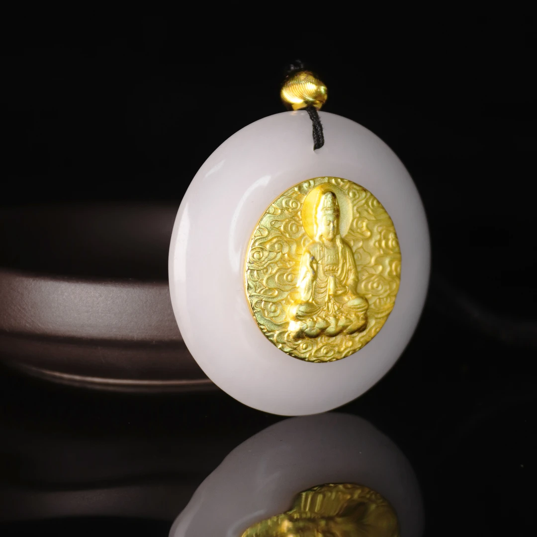 天然新疆玉石观音十二生肖八大守护神双面镶嵌金丝玉直播间玉年货