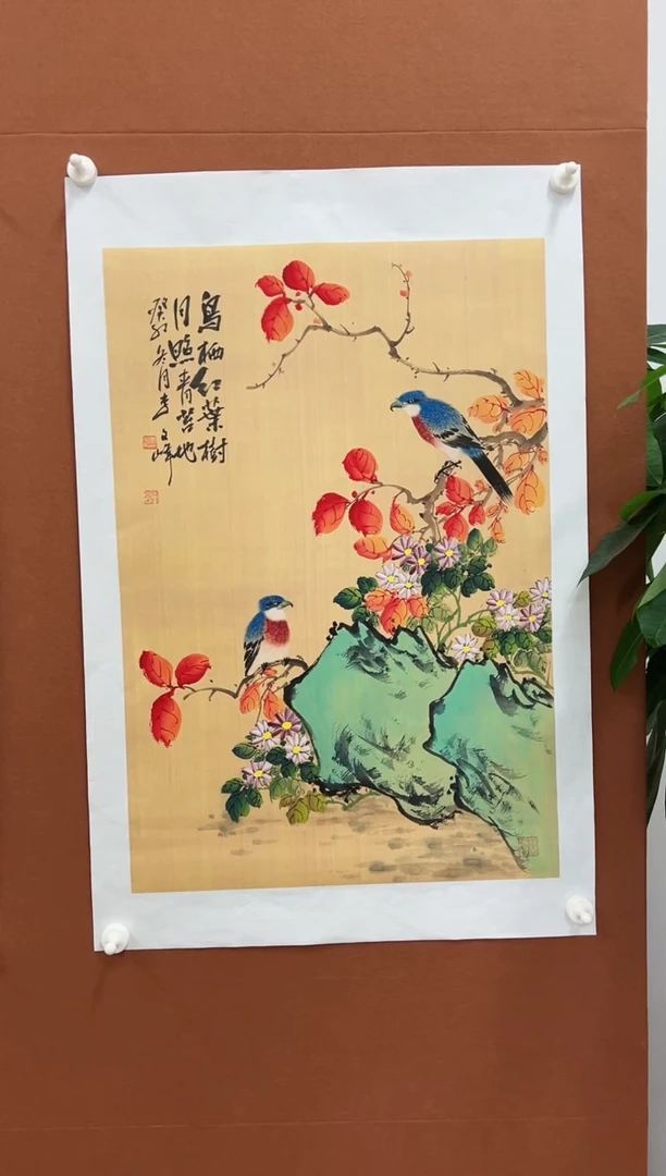 国画李文峰四尺三开仿古花鸟