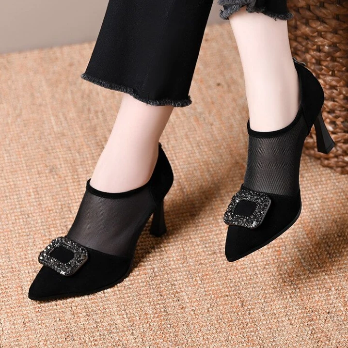 2025新款网纱镂空夏季高跟鞋女细跟时尚水钻尖头浅口气质百搭单鞋