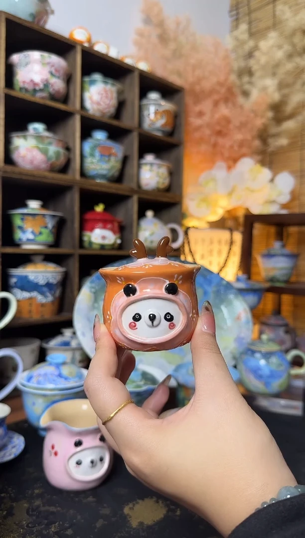 虚渡手捏小熊猫鹿角盖碗福利