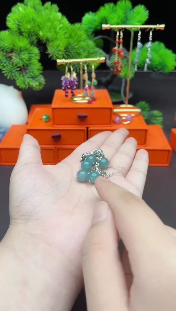 石英质玉（天山翠）银S925镶嵌耳饰237