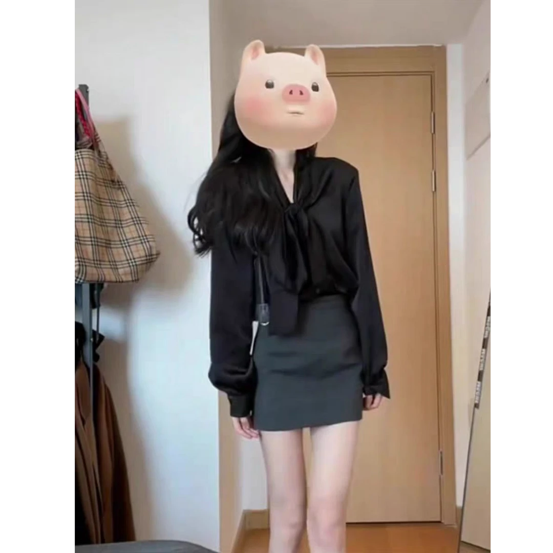 ootd轻职风酷飒女装黑色衬衫一整套高级感2025洋气减龄套装女春秋