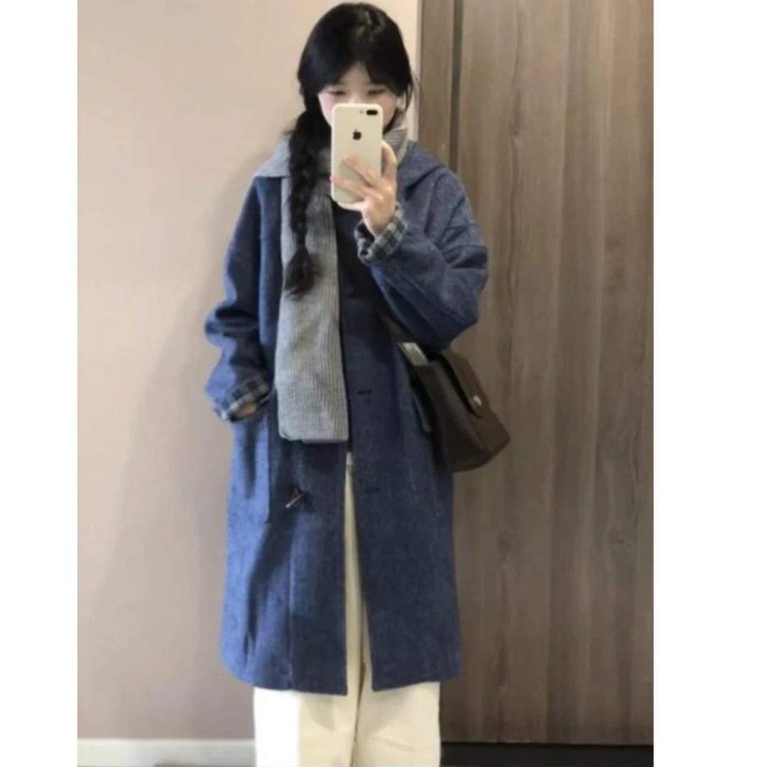 日系复古连帽呢料牛角扣大衣2025新款中长款宽松蓝色毛呢外套冬