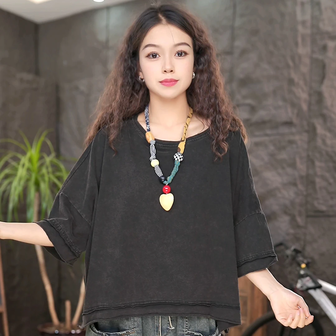 LL纯棉短袖T恤夏季纯色百搭宽松大码女装圆领上衣