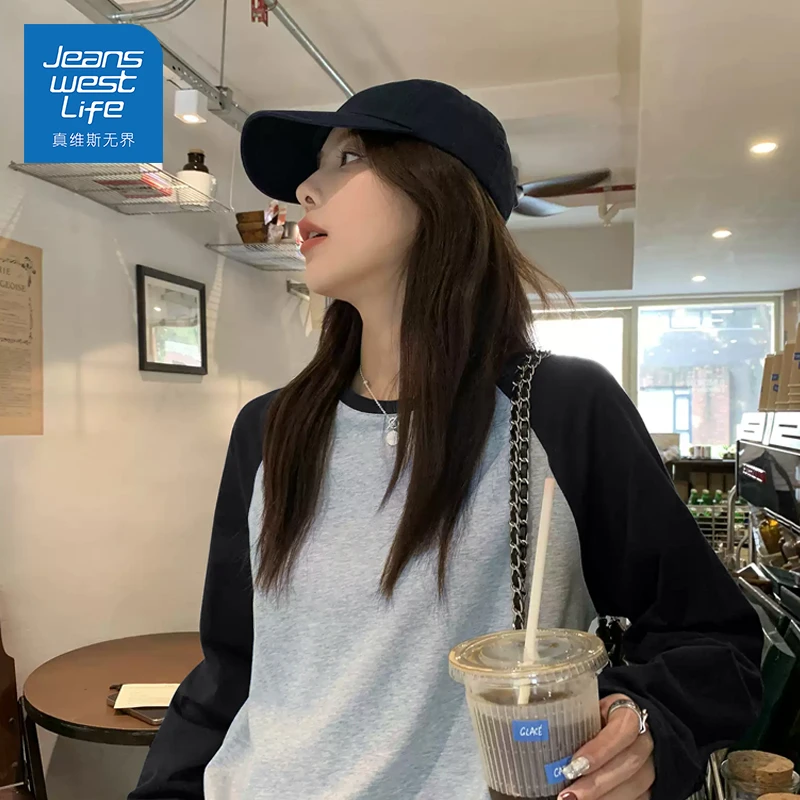 真维斯无界春秋季修身撞色长袖T恤休闲小众独特上衣圆领拼接女T恤