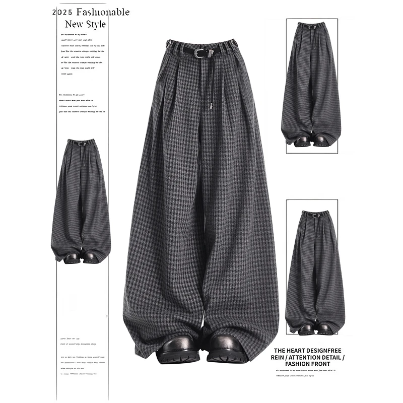 美式复古秋冬2025新款加厚呢子格子阔腿裤女高腰宽松显瘦休闲裤子