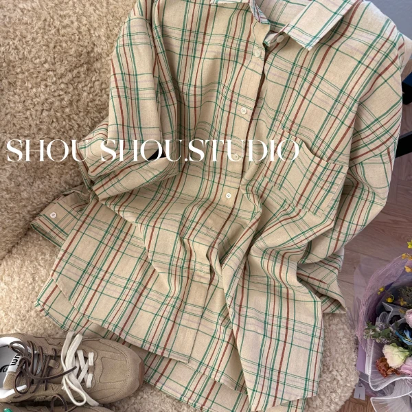 【瘦瘦】英伦风-大码夏季翻领薄款全棉条纹设计感长袖衬衫S01429