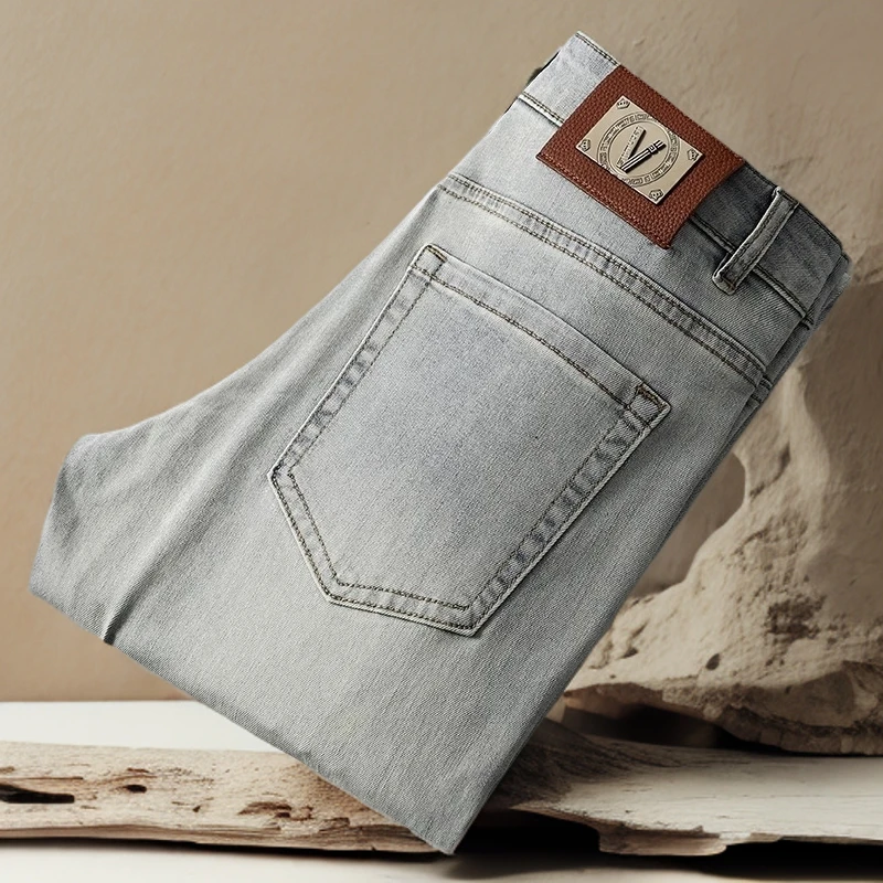 诺顿雷斯轻奢浅蓝色棉质牛仔裤男士修身小直筒春夏季休闲商务裤