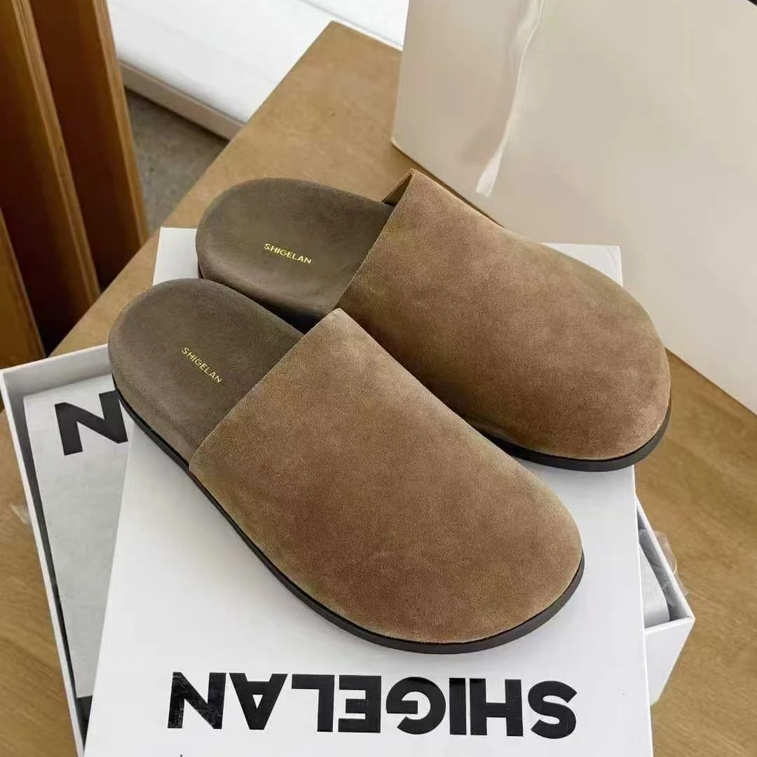 诗歌兰真皮女鞋2025秋季新品厚底时尚休闲复古包头勃肯拖鞋懒人鞋