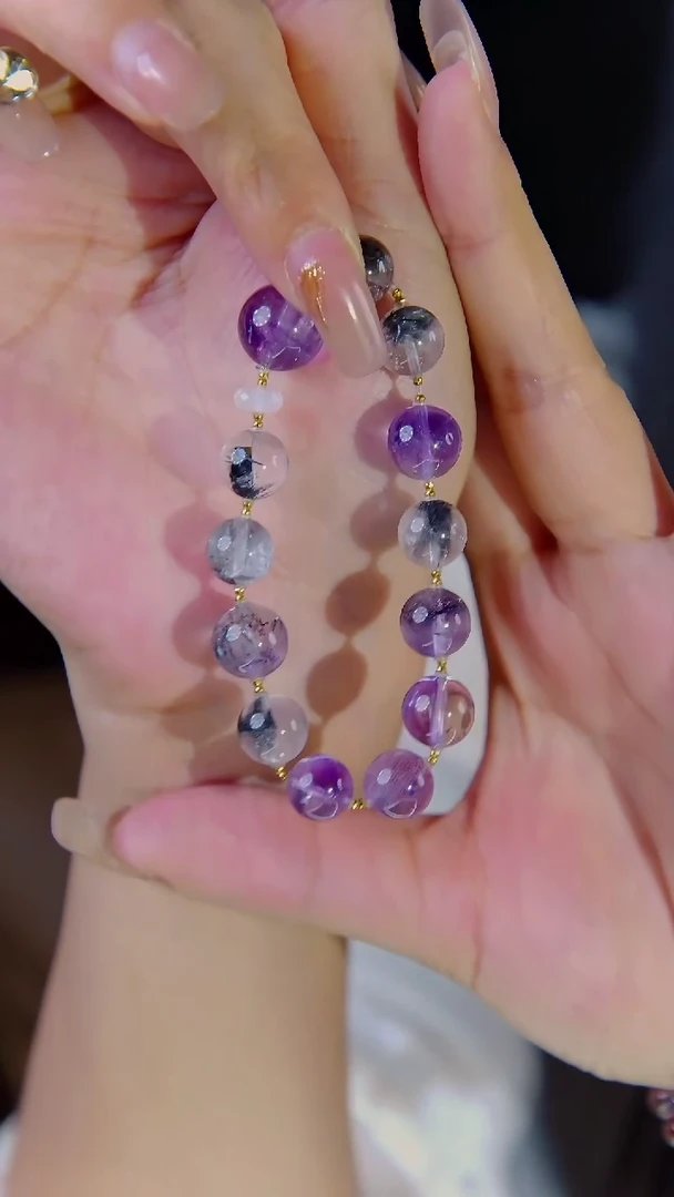 18K金镶嵌手链水晶紫超搭黑银钛