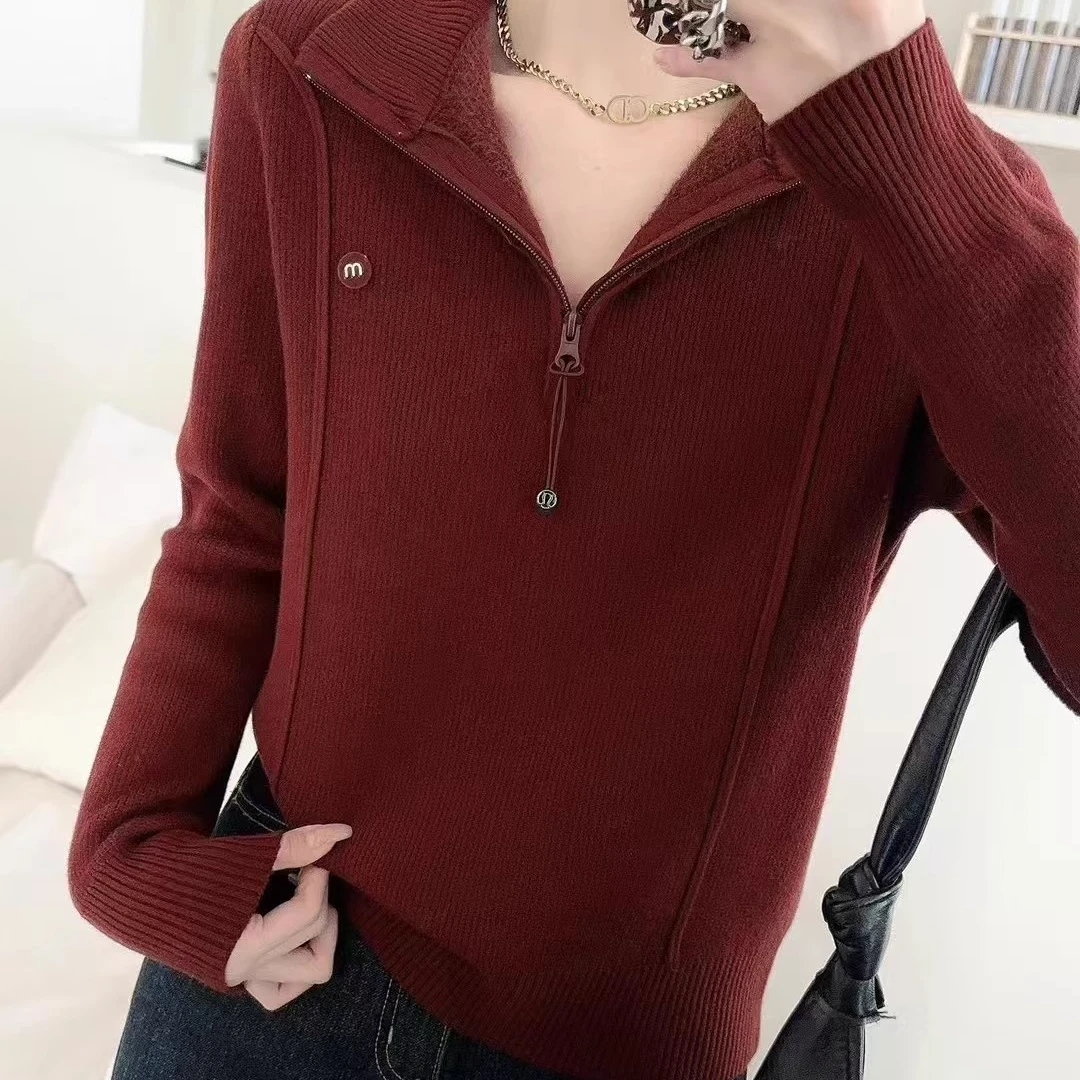 新款洋气半高领打底针织衫保暖上衣加厚加绒拉链毛衣5125